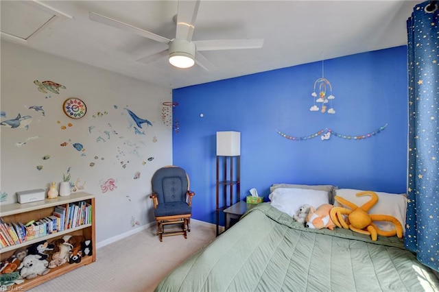bedroom with carpet flooring, baseboards, and ceiling fan