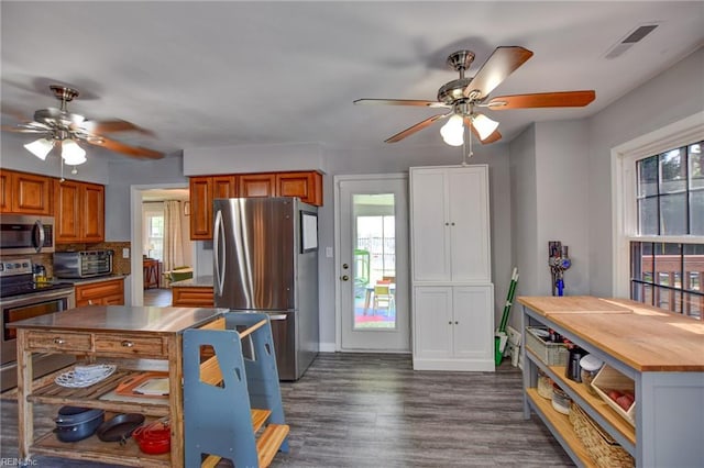 kitchen with appliances with stainless steel finishes, plenty of natural light, a ceiling fan, and butcher block countertops