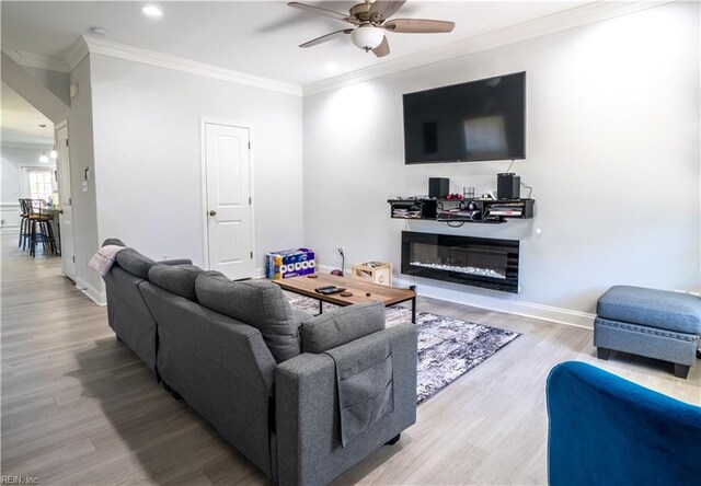 810 Fairland Ave, Hampton, VA 23661 - living room featuring a glass covered fireplace, ceiling fan, ornamental molding, and wood finished floors