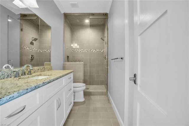 full bathroom featuring a stall shower, vanity, tile patterned floors, toilet, and recessed lighting