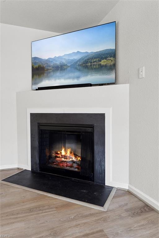 details with baseboards, a warm lit fireplace, and wood finished floors