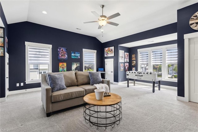 2245 Chamberino Dr, Virginia Beach, VA 23456 - living room with carpet floors, a wealth of natural light, baseboards, a ceiling fan, and vaulted ceiling