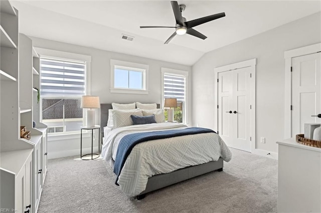 2245 Chamberino Dr, Virginia Beach, VA 23456 - carpeted bedroom featuring baseboards, visible vents, ceiling fan, and lofted ceiling