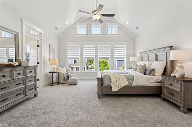 2245 Chamberino Dr, Virginia Beach, VA 23456 - bedroom featuring high vaulted ceiling, light colored carpet, ceiling fan, and visible vents
