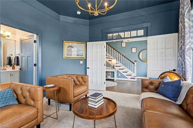 2245 Chamberino Dr, Virginia Beach, VA 23456 - living room featuring an inviting chandelier, stairs, and carpet floors