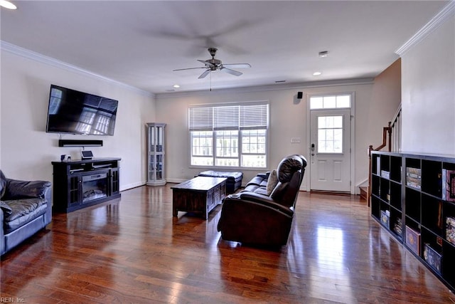 living room with crown molding, ceiling fan, wood finished floors, and stairway