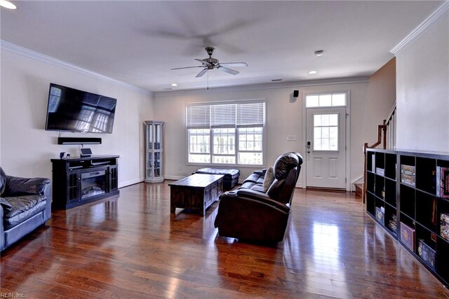 4217 Greenview Aly, Williamsburg, VA 23188 - living room with crown molding, ceiling fan, wood finished floors, and stairway