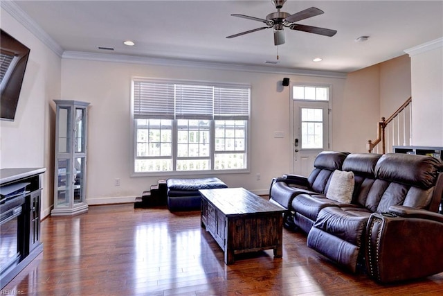 4217 Greenview Aly, Williamsburg, VA 23188 - living area featuring a ceiling fan, stairway, baseboards, dark wood-style floors, and ornamental molding