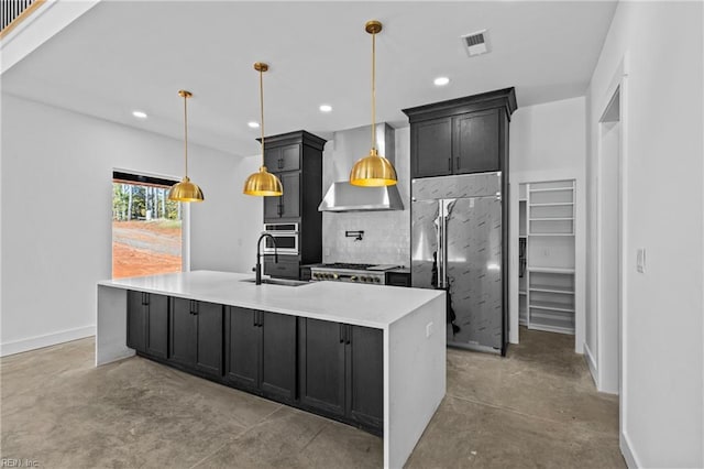 kitchen with visible vents, decorative backsplash, oven, a sink, and concrete floors
