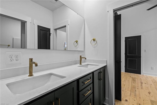 full bathroom with a sink, double vanity, and wood finished floors