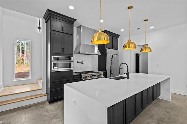 kitchen with finished concrete floors, a spacious island, a sink, stainless steel appliances, and wall chimney exhaust hood