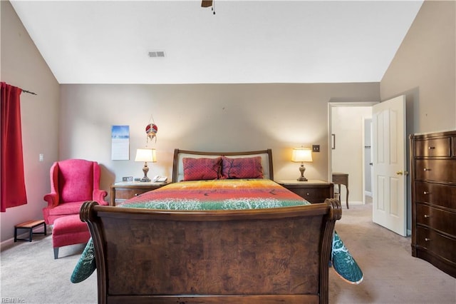 bedroom with lofted ceiling, carpet flooring, baseboards, and a ceiling fan