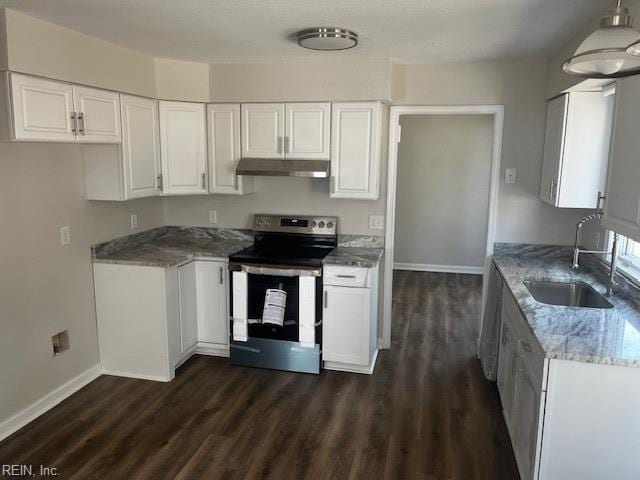 1761 Gravenhurst Dr, Virginia Beach, VA 23464 - kitchen featuring stainless steel electric range, under cabinet range hood, a sink, dark wood finished floors, and white cabinets