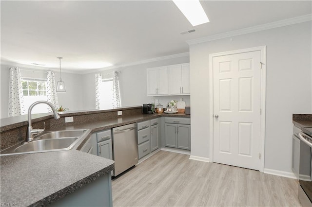 kitchen featuring visible vents, a sink, light wood finished floors, ornamental molding, and stainless steel appliances