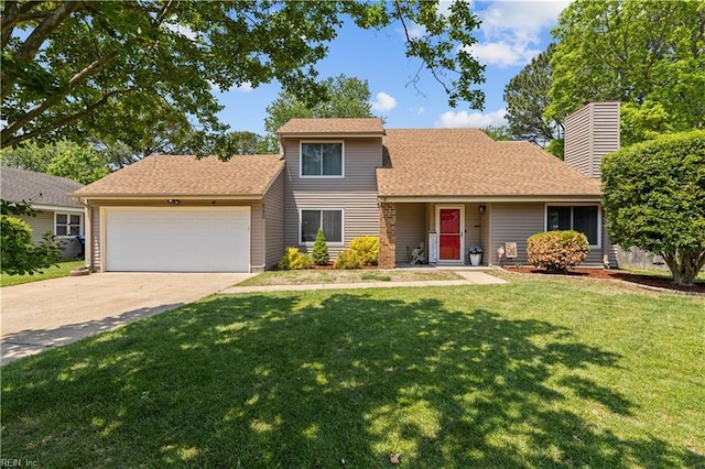 traditional-style home featuring concrete driveway, an attached garage, a chimney, and a front lawn