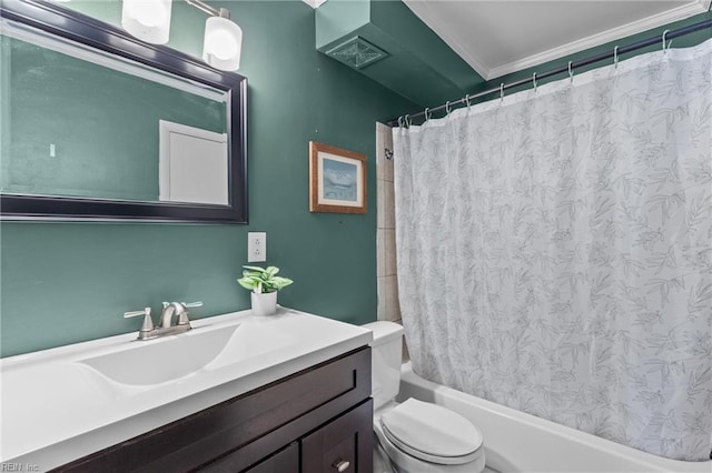 full bathroom featuring toilet, vanity, ornamental molding, and shower / bath combination with curtain