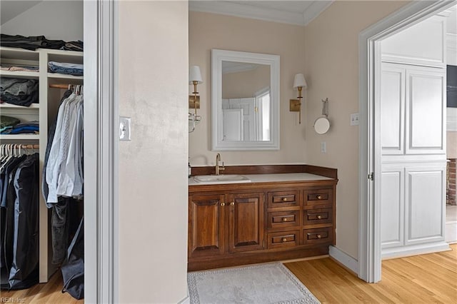 bathroom with crown molding, a walk in closet, wood finished floors, and vanity
