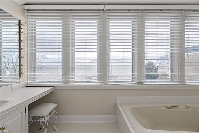 full bathroom featuring a healthy amount of sunlight, baseboards, and a washtub