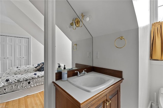 bathroom featuring vanity, wood finished floors, and vaulted ceiling