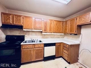 3009 Mattox Dr, Chesapeake, VA 23325 - kitchen with brown cabinetry, black range with electric cooktop, white dishwasher, under cabinet range hood, and a sink