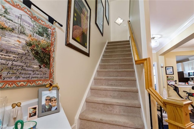 stairway featuring crown molding and baseboards