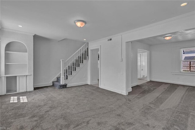 37 Farragut St, Portsmouth, VA 23702 - unfurnished living room with crown molding, baseboards, stairs, and carpet
