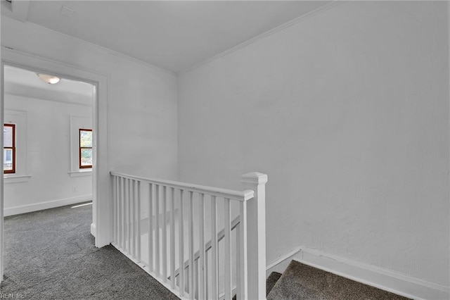 37 Farragut St, Portsmouth, VA 23702 - hallway featuring carpet floors, ornamental molding, baseboards, and an upstairs landing