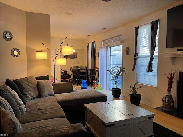 living room featuring a textured ceiling