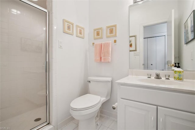 full bathroom with baseboards, a shower stall, vanity, toilet, and tile patterned flooring