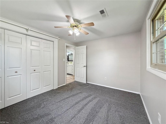 2015 Neville Cir, Hampton, VA 23663 - unfurnished bedroom with ceiling fan, visible vents, carpet floors, baseboards, and a closet