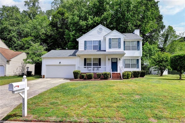view of front facade featuring covered porch, driveway, a chimney, an attached garage, and a front lawn