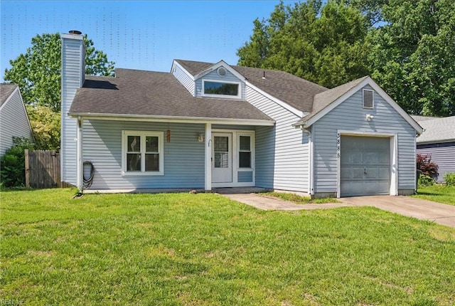 view of front of home with a chimney, concrete driveway, and an attached garage