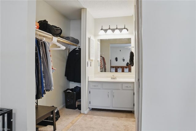 bathroom featuring a spacious closet, vanity, and baseboards