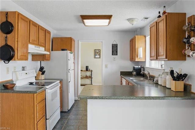 kitchen with white electric range, under cabinet range hood, a sink, a peninsula, and dark countertops