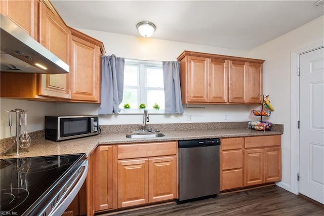 kitchen featuring a sink, appliances with stainless steel finishes, dark wood finished floors, and extractor fan