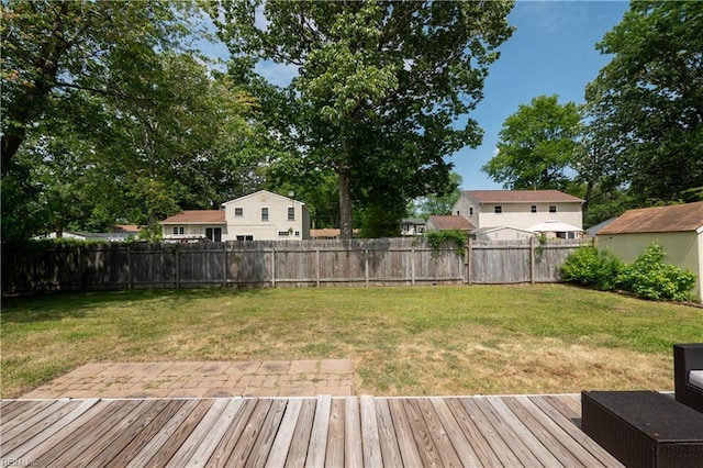 wooden terrace with a fenced backyard and a yard