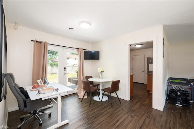 office featuring french doors, dark wood-style flooring, and baseboards