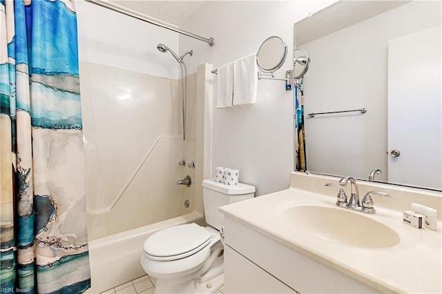 bathroom with tile patterned flooring, shower / bath combination with curtain, toilet, and vanity