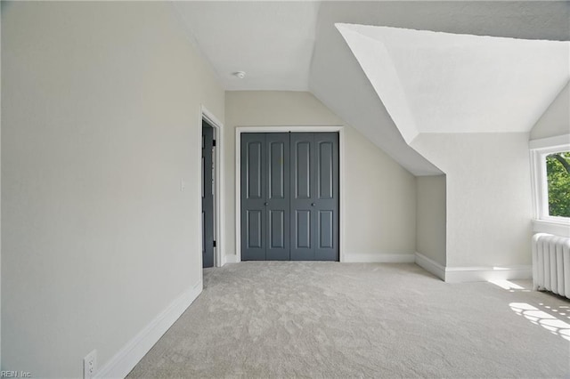 additional living space featuring carpet floors, baseboards, radiator heating unit, and lofted ceiling