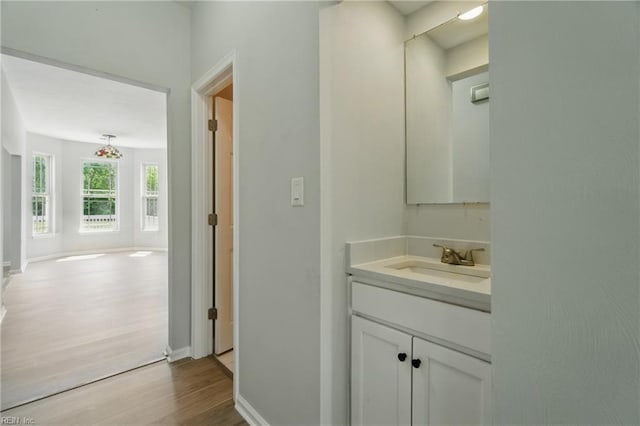 bathroom with baseboards, wood finished floors, and vanity
