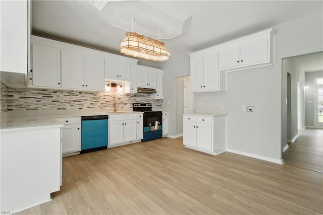 kitchen featuring a sink, white cabinetry, tasteful backsplash, electric stove, and dishwasher