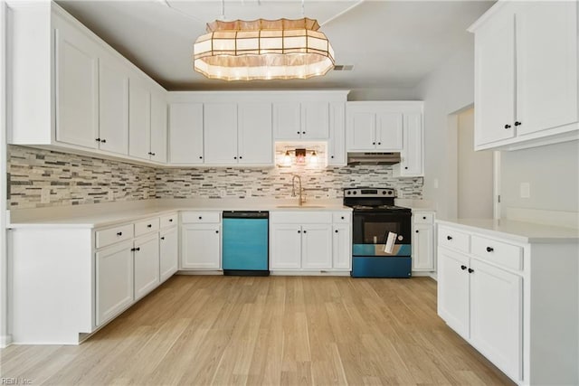 kitchen featuring range with electric stovetop, dishwasher, a sink, light wood finished floors, and under cabinet range hood