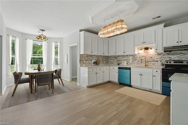 kitchen featuring range with electric cooktop, visible vents, dishwasher, a sink, and under cabinet range hood