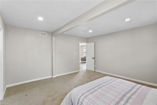 bedroom featuring baseboards, carpet, recessed lighting, and visible vents