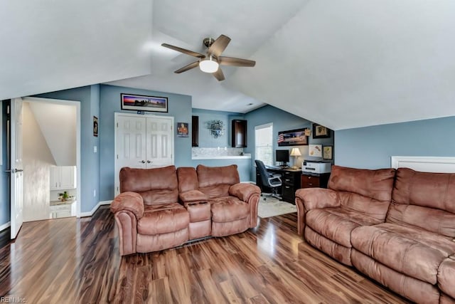 732 Mandarin Ln, Chesapeake, VA 23323 - living room with baseboards, ceiling fan, wood finished floors, and vaulted ceiling