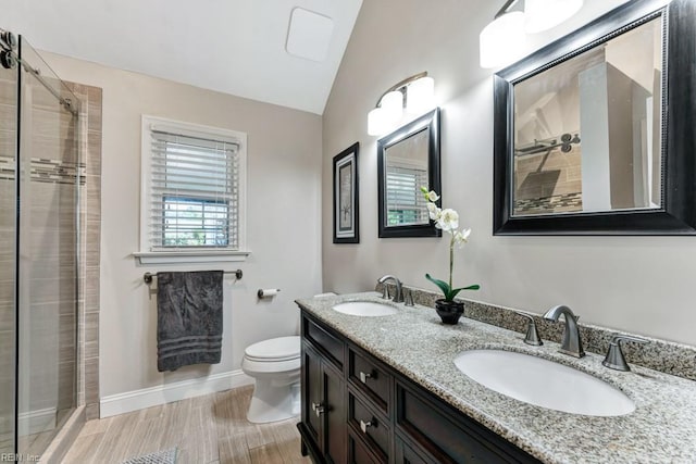 732 Mandarin Ln, Chesapeake, VA 23323 - full bath featuring baseboards, a sink, a stall shower, and vaulted ceiling