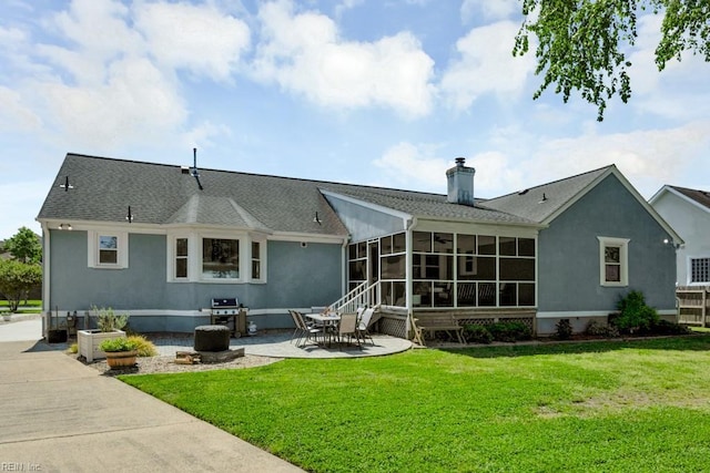 732 Mandarin Ln, Chesapeake, VA 23323 - rear view of property featuring a lawn, a patio, a sunroom, and stucco siding