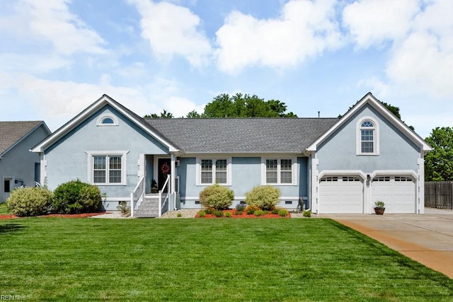 732 Mandarin Ln, Chesapeake, VA 23323 - view of front facade featuring a garage, stucco siding, driveway, and crawl space