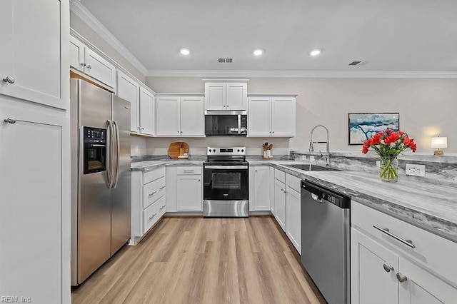 kitchen with a sink, stainless steel appliances, white cabinetry, visible vents, and ornamental molding