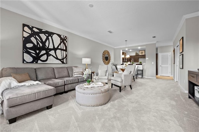 living room with baseboards, light colored carpet, and ornamental molding